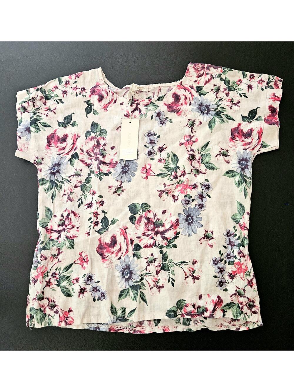 Bellambra top sz S Made In Italy 100% Linen Cream Floral Rolled Sleeves NEW